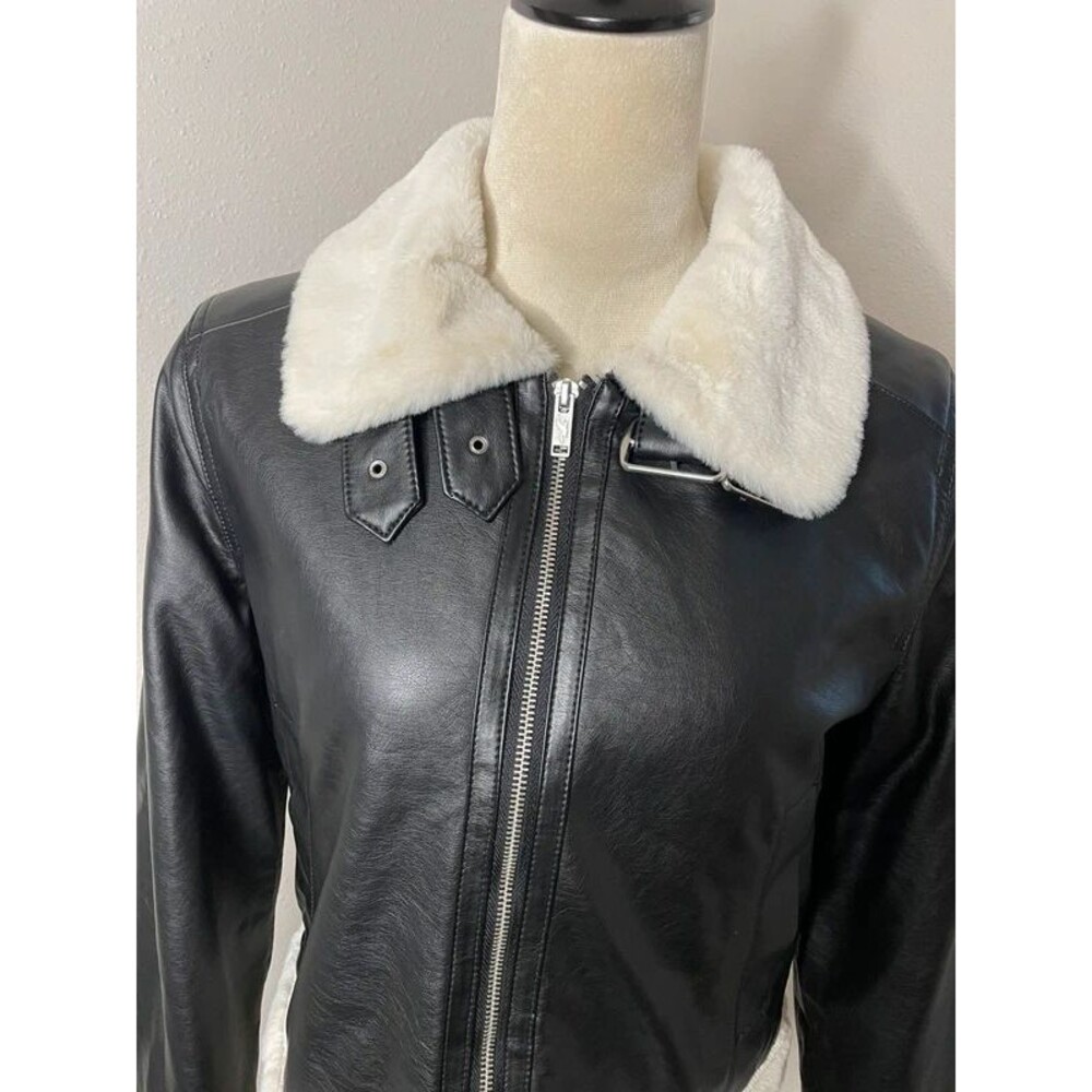 Hollister Black Faux Leather Aviator Jacket White Faux Fur Shearling Size Small - Picture 4 of 9